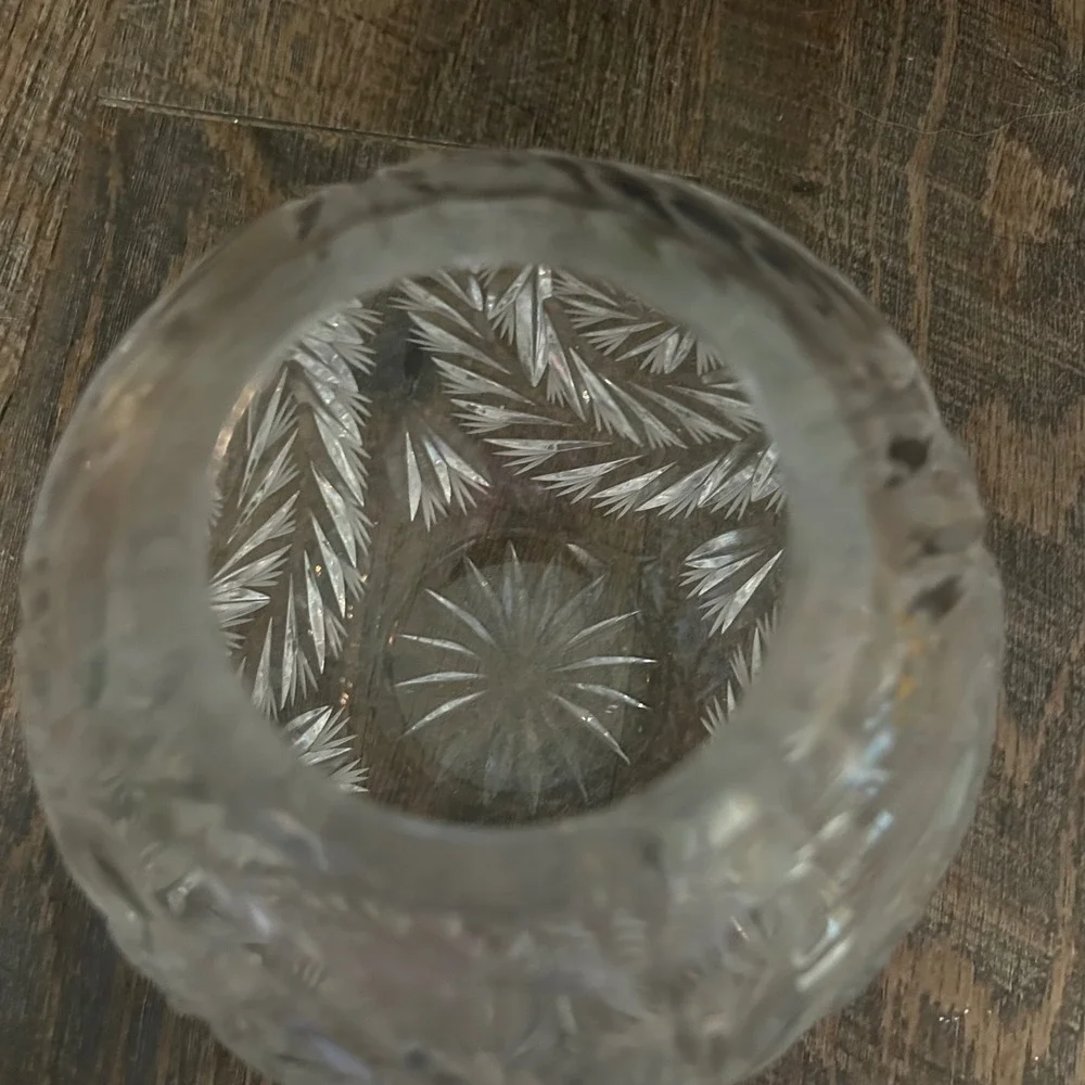 Vintage Pinwheel Cut Crystal Rose Bowl Vase Round Globe Starburst Design 5in